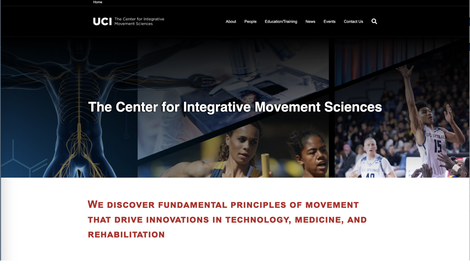 Screenshot of the UCI Center for Integrative Movement Sciences (CIMS) website. The header reads "We discover fundamental principles of movement that drive innovations in technology, medicine, and rehabilitation." A photo shows a dancer in motion.