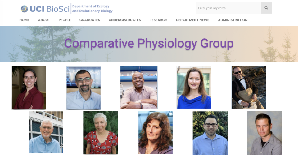 Screenshot of the UCI BioSci Comparative Physiology Group webpage showing a photo grid of 10 faculty members. The group is part of the Department of Ecology and Evolutionary Biology.