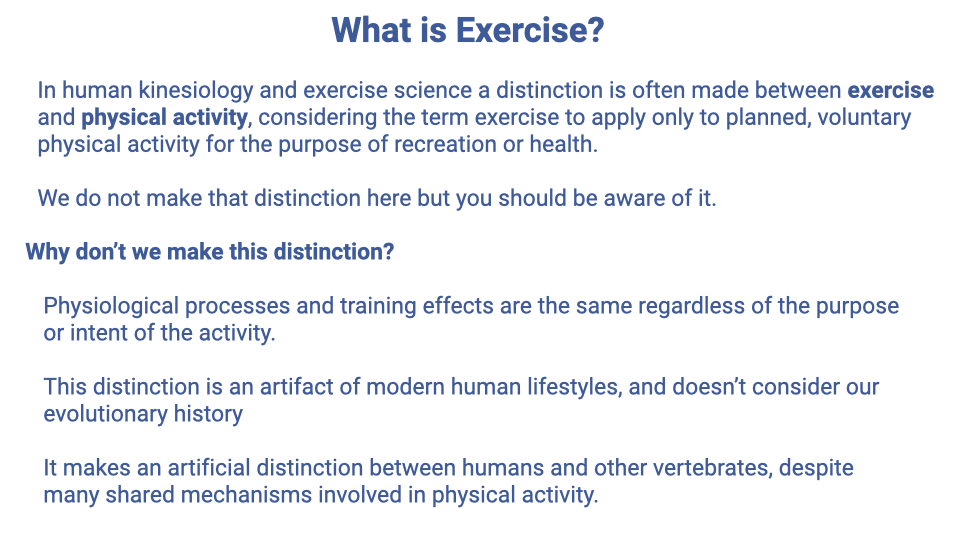 Text slide titled "What is Exercise?" explaining that in human kinesiology, a distinction is often made between exercise (planned, voluntary physical activity for recreation or health) and physical activity more broadly. This course does not make that distinction because physiological processes and training effects apply regardless of intent. The distinction is an artifact of modern human lifestyles and doesn't consider evolutionary history. Exercise involves many shared mechanisms across humans and other vertebrates.
