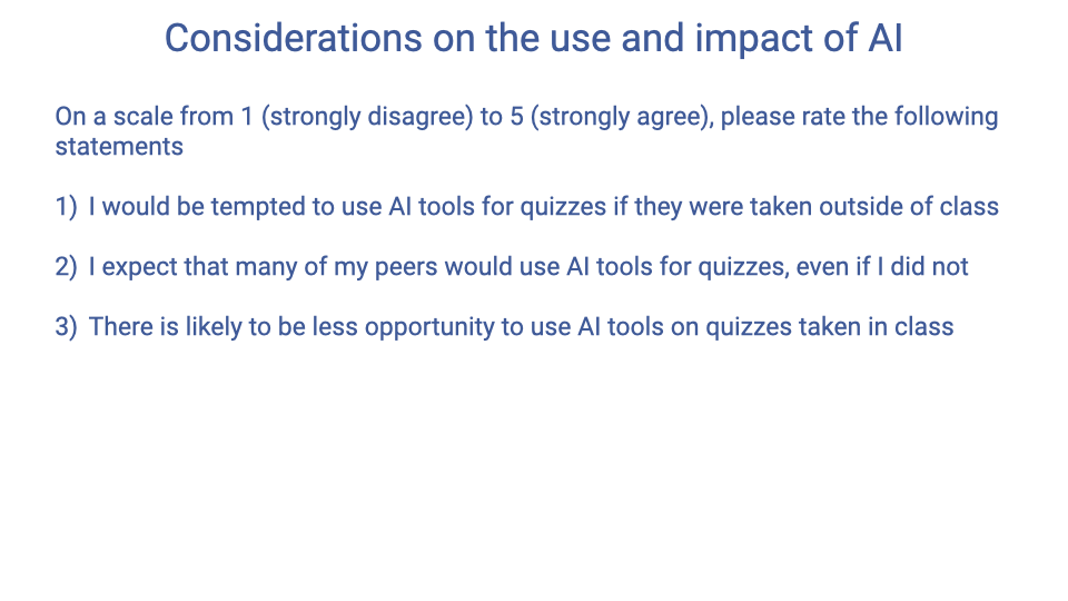 Text slide titled "Considerations on the use and impact of AI" presenting a survey asking students to rate three statements on a 1-5 scale (strongly disagree to strongly agree): (1) I would be tempted to use AI tools for quizzes if they were taken outside of class, (2) I expect that many of my peers would use AI tools for quizzes, even if I did not, (3) There is likely to be less opportunity to use AI tools on quizzes taken in class.