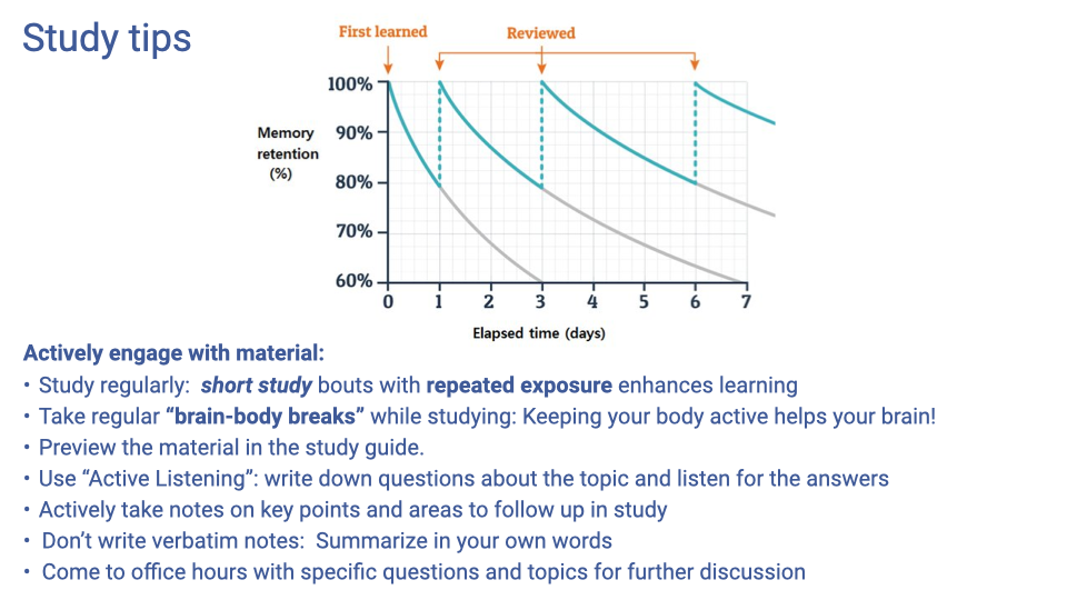 Text slide titled "Study tips" with a graph showing memory retention over time. The graph illustrates the space repetition effect: after first learning, retention declines, but with repeated review sessions, the rate of decline slows and overall retention improves. Tips listed include: actively engage with material, study regularly with short study bouts, take regular "brain-body breaks," preview the study guide, use "Active Listening" by writing down questions about the topic and listening for answers, take notes on key points rather than verbatim, and come to office hours with specific questions.