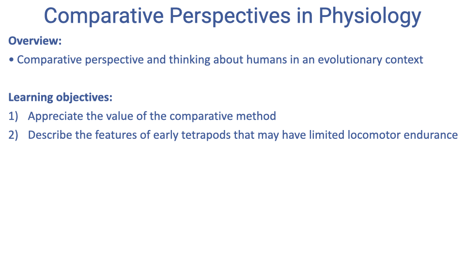 Text slide titled "Comparative Perspectives in Physiology" with an overview stating "Comparative perspective and thinking about humans in an evolutionary context." Two learning objectives are listed: (1) Appreciate the value of the comparative method, (2) Describe the features of early tetrapods that may have limited locomotor endurance.
