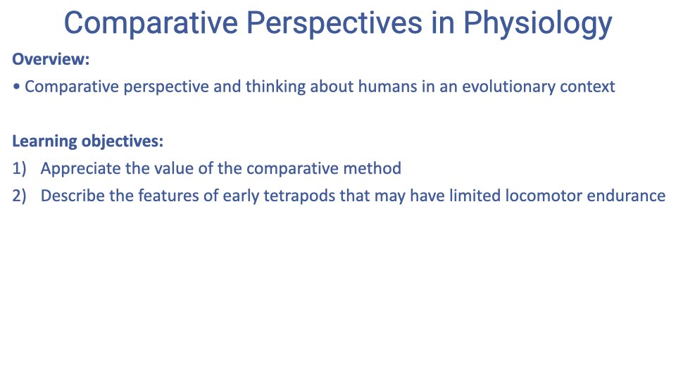 Text slide titled "Comparative Perspectives in Physiology" listing the overview (comparative perspective and thinking about humans in an evolutionary context) and two learning objectives: (1) Appreciate the value of the comparative method, (2) Describe the features of early tetrapods that may have limited locomotor endurance.