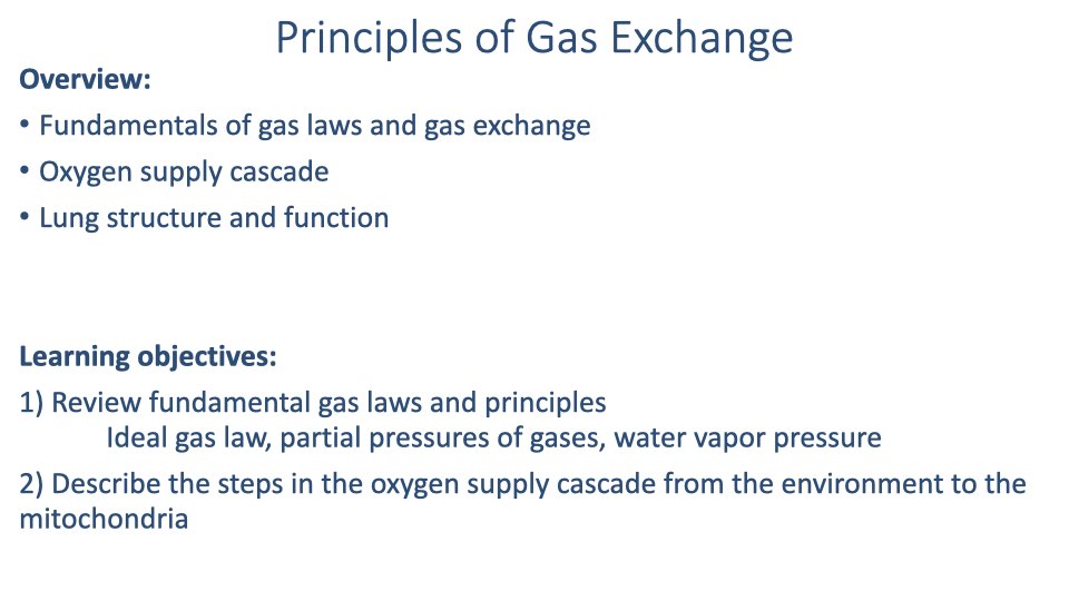 Text slide titled "Principles of Gas Exchange" with overview listing: Fundamentals of gas laws and gas exchange, Oxygen supply cascade, Lung structure and function. Learning objectives: (1) Review fundamental gas laws and principles — ideal gas law, partial pressures of gases, water vapor pressure, (2) Describe the steps in the oxygen supply cascade from the environment to the mitochondria.