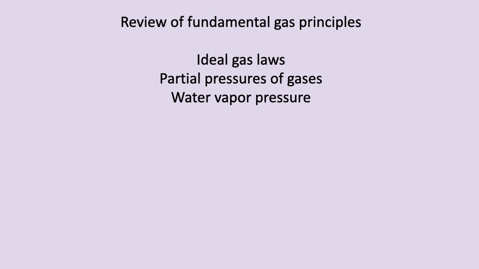 Transition slide with lavender background reading "Review of fundamental gas principles: Ideal gas laws, Partial pressures of gases, Water vapor pressure."