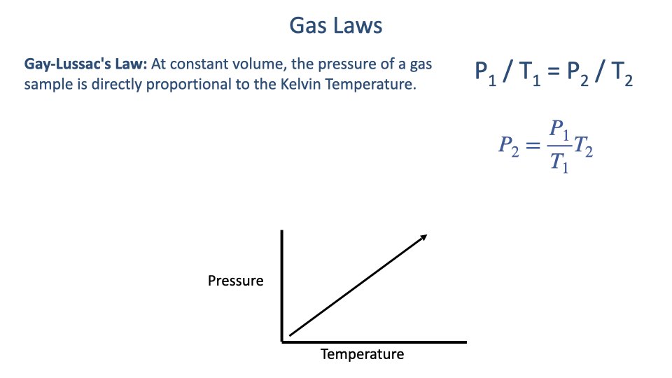 Slide titled "Gas Laws" presenting Gay-Lussac's Law. Text: "At constant volume, the pressure of a gas sample is directly proportional to the Kelvin Temperature." Equations shown: P₁/T₁ = P₂/T₂ and P₂ = (P₁/T₁)T₂. A graph shows pressure increasing linearly with temperature.