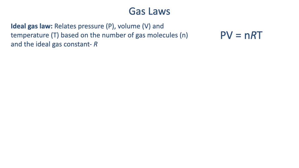 Slide titled "Gas Laws" presenting the Ideal Gas Law. Text: "Relates pressure (P), volume (V) and temperature (T) based on the number of gas molecules (n) and the ideal gas constant R." Equation: PV = nRT.
