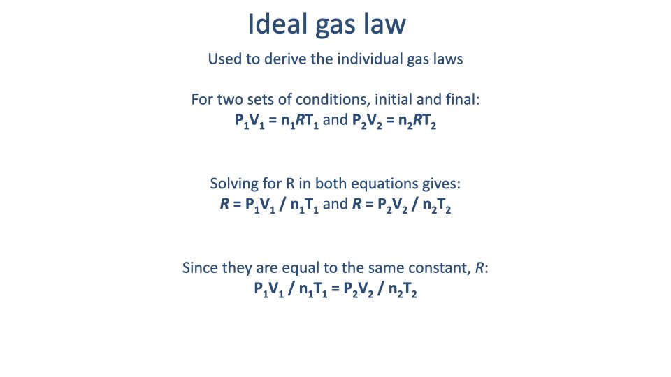 Slide titled "Ideal gas law" showing how to derive individual gas laws from PV = nRT. For two sets of conditions: P₁V₁ = n₁RT₁ and P₂V₂ = n₂RT₂. Solving for R in both and setting equal gives the combined gas law: P₁V₁/(n₁T₁) = P₂V₂/(n₂T₂).