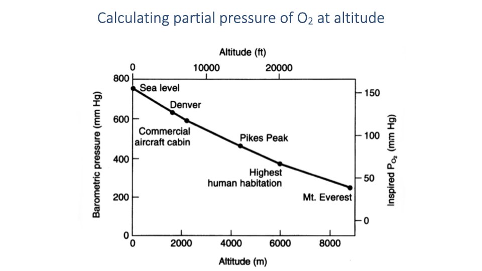 Graph titled "Calculating partial pressure of O₂ at altitude" showing the same barometric pressure vs. altitude curve as Slide 26, with barometric pressure (mmHg) on the left y-axis and Inspired PO₂ (mmHg) on the right y-axis. Key landmarks labeled: Sea level, Denver, Commercial aircraft cabin, Pikes Peak, Highest human habitation, Mt. Everest.