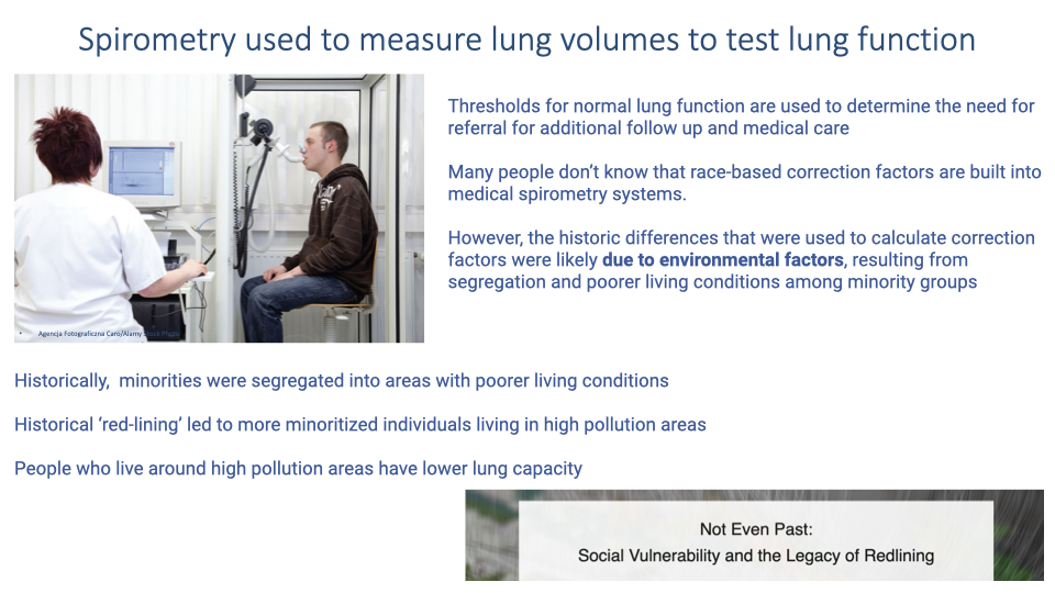 Slide titled "Spirometry used to measure lung volumes to test lung function." Text explains that thresholds for normal lung function are used to determine referral for additional care, but many people are unaware that race-based correction factors are built into spirometric systems. These factors were calculated decades ago and assume inherent racial differences in lung capacity. However, these differences are more likely due to environmental factors — historically, minoritized communities were concentrated in areas with poor living conditions and higher pollution rates through redlining, leading to higher rates of asthma and reduced lung capacity. A small inset shows a photo and title for Neil Evans Patel's article on "Social Vulnerability and the Legacy of Redlining."