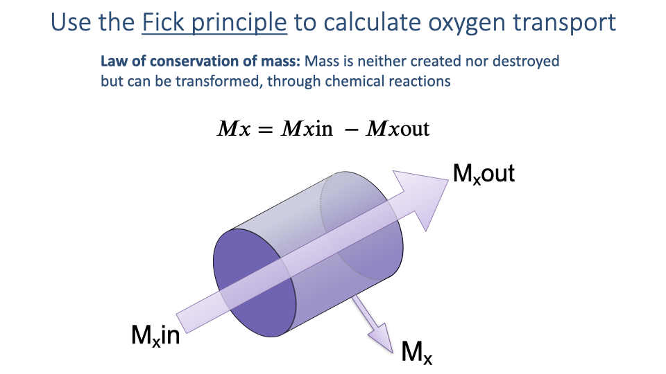 Slide titled "Use the Fick principle to calculate oxygen transport" explaining the law of conservation of mass: mass is neither created nor destroyed but can be transformed through chemical reactions. The equation M_x equals M_x-in minus M_x-out is shown. A 3D illustration of a cylindrical tube depicts mass flow in (M_x-in) on the left, mass within the system (M_x) in the center, and mass flow out (M_x-out) exiting on the right.