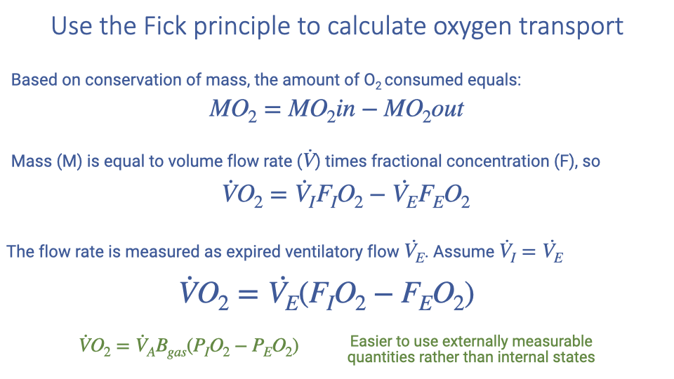 Text slide titled "Use the Fick principle to calculate oxygen transport." Based on conservation of mass, the amount of O2 consumed equals: M-dot-O2 equals M-dot-O2-in minus M-dot-O2-out. Mass (M) is equal to volume flow rate (V-dot) times fractional concentration (F), so V-dot-O2 equals V-dot-I times F_IO2 minus V-dot-E times F_EO2. The flow rate is measured as expired ventilatory flow V-dot-E, assuming V-dot-I approximately equals V-dot-E, yielding the simplified equation: V-dot-O2 equals V-dot-E times (F_IO2 minus F_EO2). A note states this is easier to use externally measurable quantities rather than internal states.