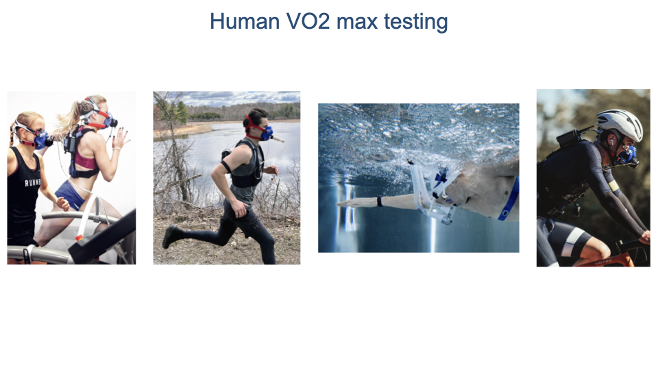 Slide titled "Human VO2 max testing" showing four photographs of people undergoing metabolic testing while exercising. Athletes wear face masks connected to portable metabolic measurement systems while running, swimming, and performing other exercises. The systems measure exhaled gas flow rates and concentrations.