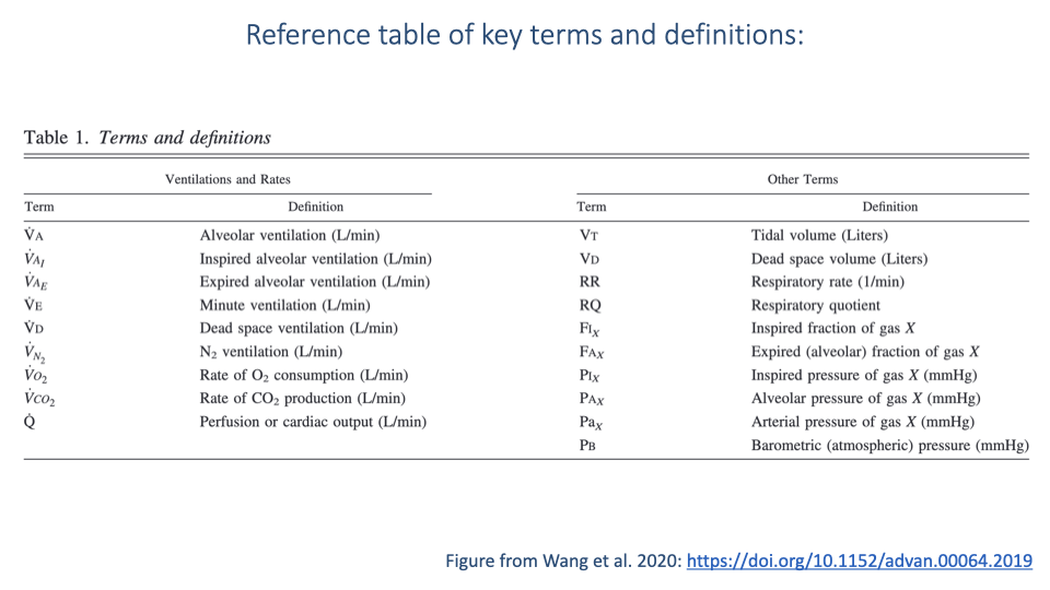 Reference table titled "Reference table of key terms and definitions" from Wang et al. 2020. The table has four columns arranged as two paired sections: "Ventilations and Rates" on the left (Term and Definition) and "Other Terms" on the right (Term and Definition). The left section lists nine ventilation-related symbols including alveolar, inspired, and expired ventilation rates, dead space ventilation, O2 consumption rate, CO2 production rate, and cardiac output. The right section lists ten terms including tidal volume, dead space volume, respiratory rate, respiratory quotient, inspired and alveolar gas fractions, inspired and alveolar partial pressures, arterial pressure, and barometric pressure.