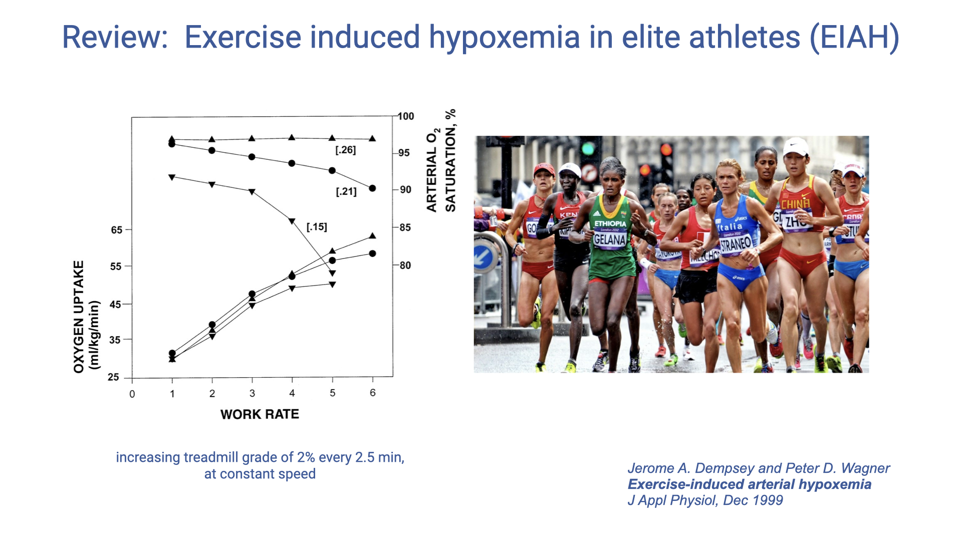 Slide titled "Review: Exercise induced hypoxemia in elite athletes (EIAH)." Left: a graph with work rate on the x-axis, oxygen uptake (mL/kg/min) on the left y-axis, and arterial O2 saturation (%) on the right y-axis. Three curves show different inspired O2 fractions (FIO2 = 0.26, 0.21, 0.15). At normoxia (0.21), O2 uptake plateaus while arterial saturation drops below 95% at high work rates. Right: photo of elite female distance runners competing in a road race. Citation: Dempsey and Wagner, J Appl Physiol, 1999.