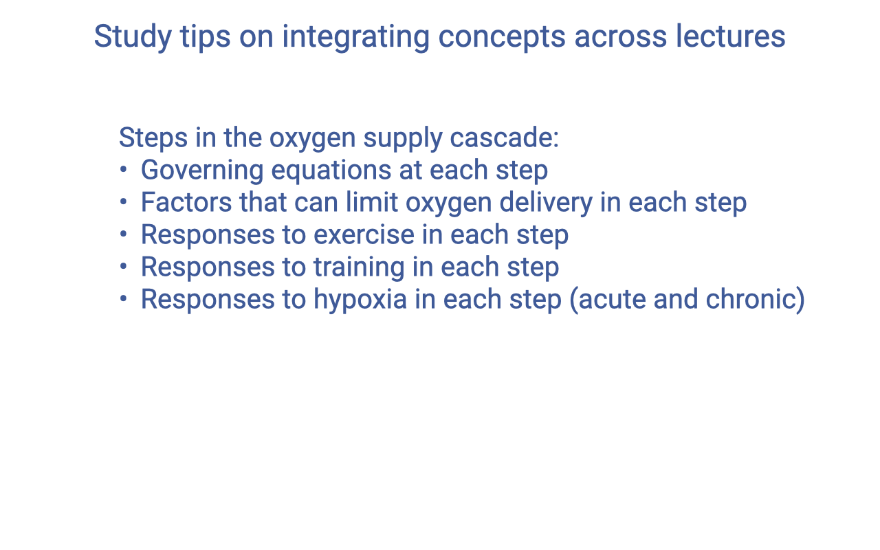 Slide titled "Study tips on integrating concepts across lectures." A single bulleted list under the heading "Steps in the oxygen supply cascade:" identifies five organizing categories for studying: governing equations at each step; factors that can limit oxygen delivery in each step; responses to exercise in each step; responses to training in each step; responses to hypoxia in each step (acute and chronic).