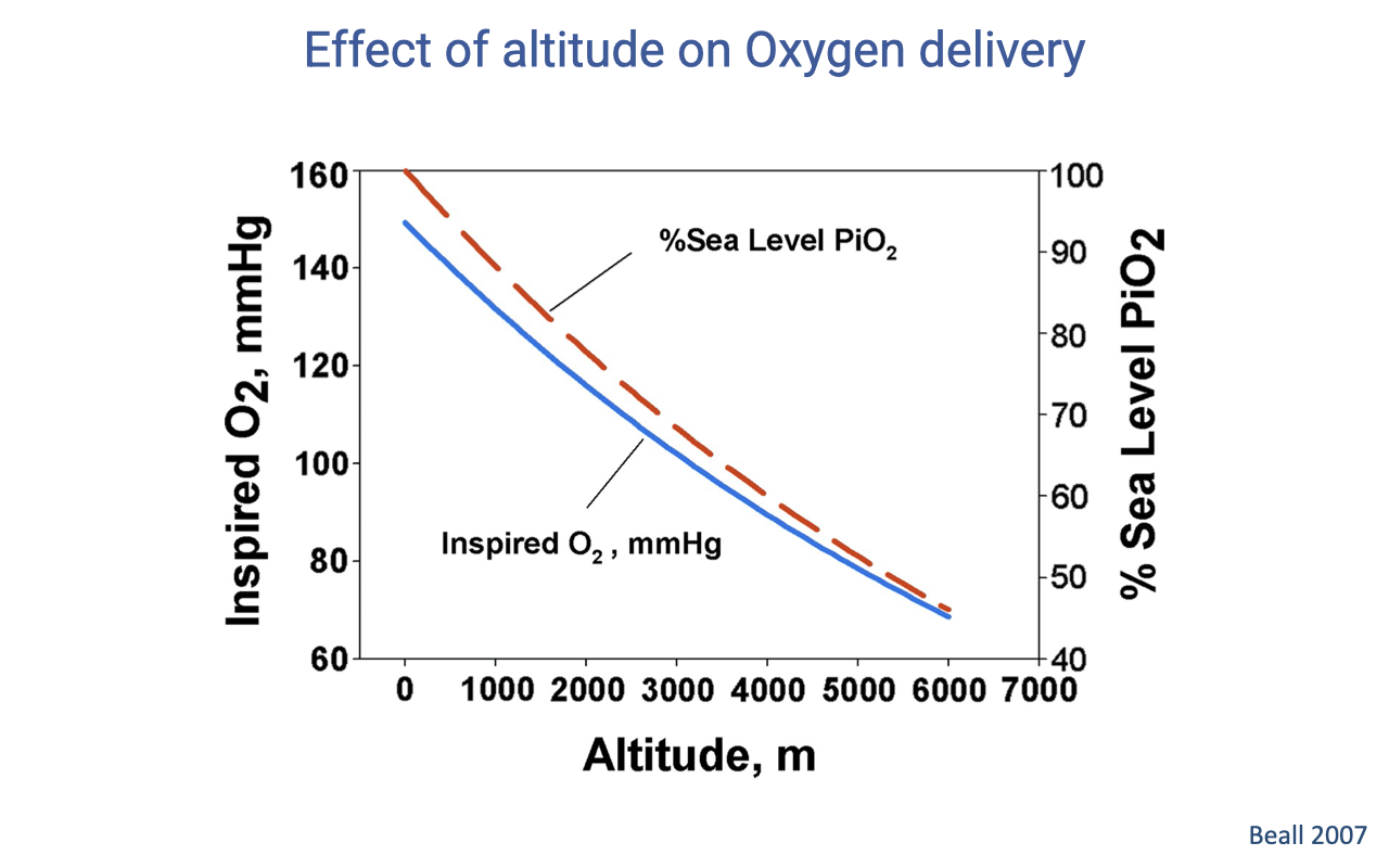 Graph titled "Effect of altitude on Oxygen delivery" with altitude in meters on the x-axis (0 to 6000+ m) and inspired oxygen on two y-axes: inspired PO2 in mmHg on the left (60 to 160) and percent of sea level PO2 on the right (40 to 100). A blue solid curve (inspired PO2 in mmHg) and a red dashed curve (% sea level PO2) both decline curvilinearly with increasing altitude. Citation: Beall 2007.