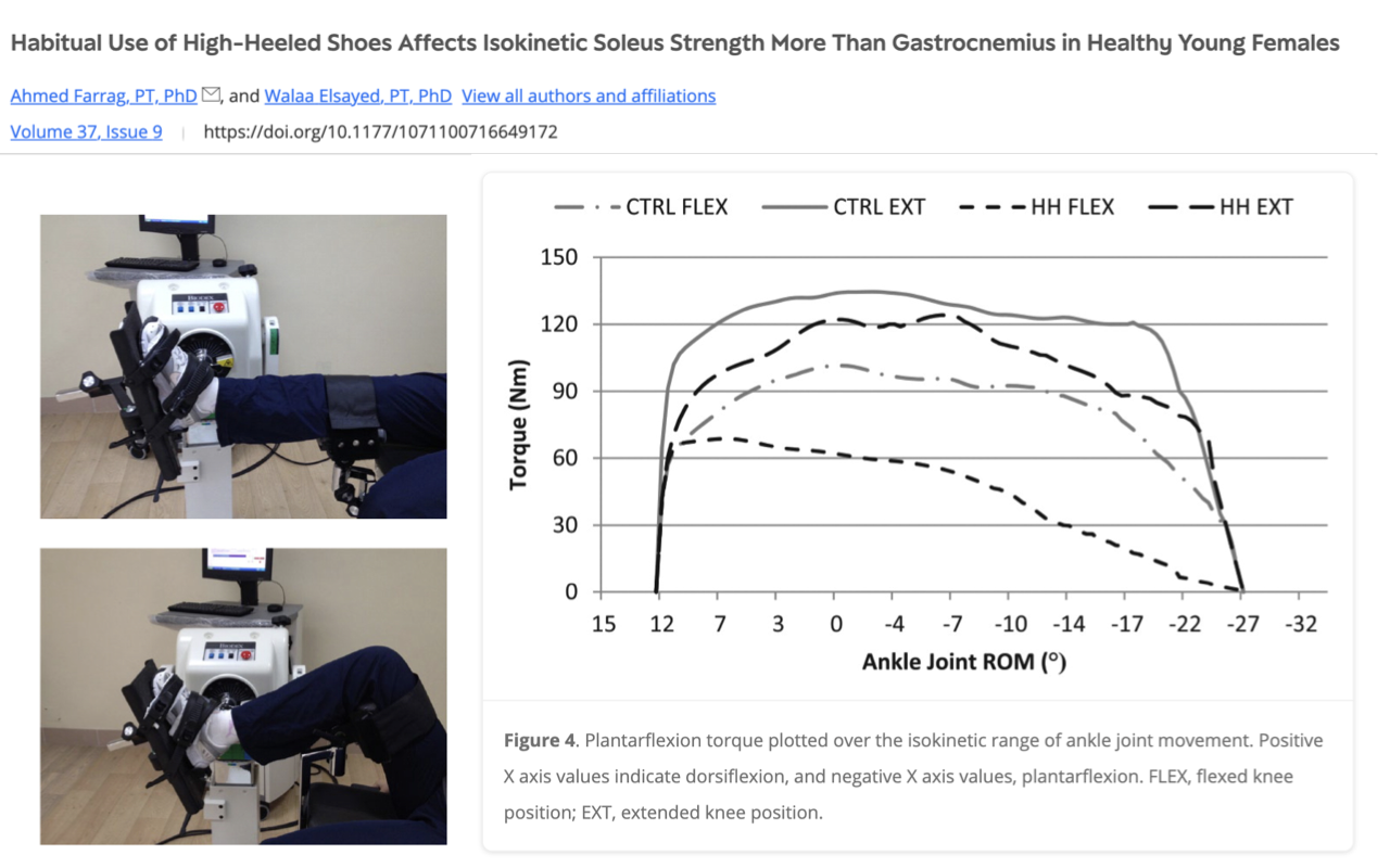 Slide titled "Habitual Use of High-Heeled Shoes Affects Isokinetic Soleus Strength More Than Gastrocnemius in Healthy Young Females" with a journal-article header citing Ahmed Farrag et al., Volume 37 Issue 9, Frontiers in Physiology. Left: two photographs showing a female participant on an isokinetic dynamometer with the ankle strapped into a footplate, in two ankle positions. Right: a torque (N·m) vs. ankle ROM (°) plot from 15° plantarflexion (PFLEX) through 0° to ~−30° dorsiflexion (DFLEX), with four curves: CTRL FLEX (control flexed), CTRL EXT (control extended), HH FLEX (high-heel users, flexed), HH EXT (high-heel users, extended). The high-heel users (HH curves) show a leftward shift, indicating that their soleus produces peak torque at a more plantarflexed ankle position than controls. Figure 4 caption: "Plantarflexion torque plotted over the isokinetic range of ankle joint movement. Positive X axis values indicate dorsiflexion, and negative X axis values plantarflexion; FLEX, flexed knee position; EXT, extended knee position."