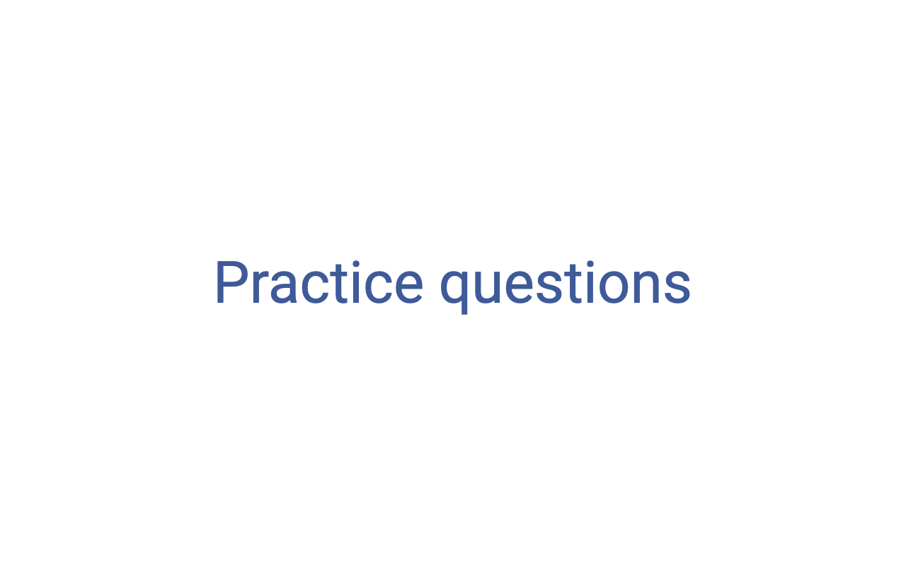 Slide containing only the heading "Practice questions" centered on a white background in large blue text.