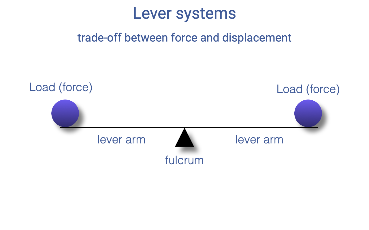 Slide titled "Lever systems — trade-off between force and displacement" with a simple seesaw schematic: a horizontal bar balanced on a triangular fulcrum, with two equal-sized purple spheres labeled "Load (force)" sitting on the lever arms on either side. Both lever arms are labeled "lever arm" and the support point is labeled "fulcrum."