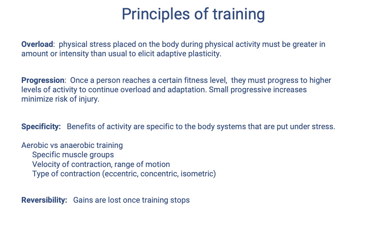 Slide titled "Principles of training" listing four core principles (Overload, Progression, Specificity, Reversibility) with definitions. Specificity is broken down into aerobic vs. anaerobic training, specific muscle groups, velocity of contraction and range of motion, and type of contraction (eccentric, concentric, isometric).