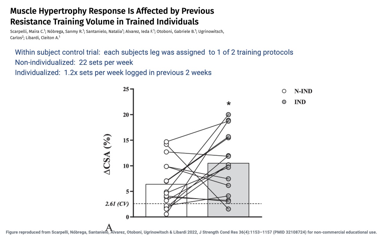 Slide titled "Muscle Hypertrophy Response Is Affected by Previous Resistance Training Volume in Trained Individuals" reproducing Figure 1A from Scarpelli et al. 2022 (PMID 32108724). Within-subject paired plot of ΔCSA (%) for N-IND (open circles) vs. IND (gray-filled circles). N-IND mean ~6.5%; IND mean ~10.5% (significantly higher, marked with asterisk). Coefficient of variation reference line at 2.61% (CV).