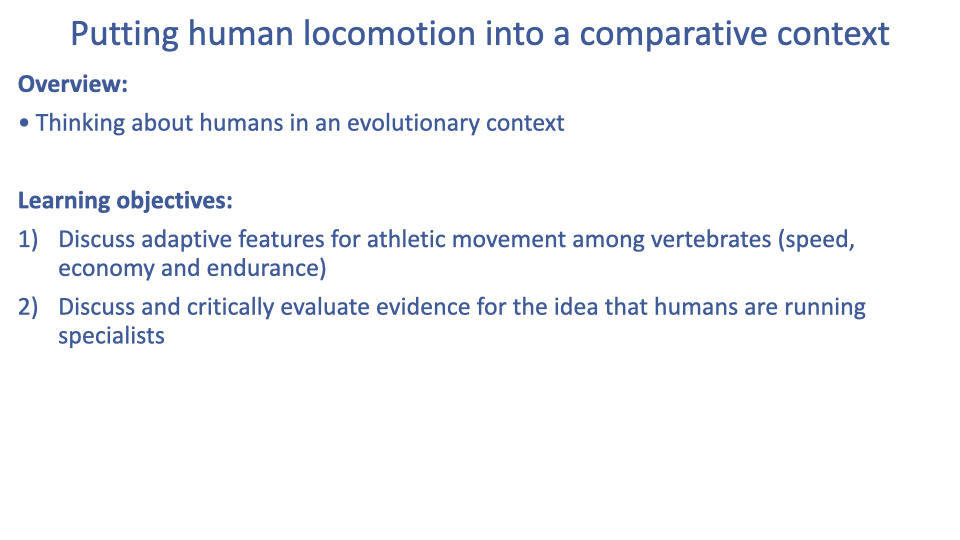 Slide titled "Putting human locomotion into a comparative context" with the overview "Thinking about humans in an evolutionary context" followed by learning objectives: 1) Discuss adaptive features for athletic movement among vertebrates (speed, economy and endurance); 2) Discuss and critically evaluate evidence for the idea that humans are running specialists.
