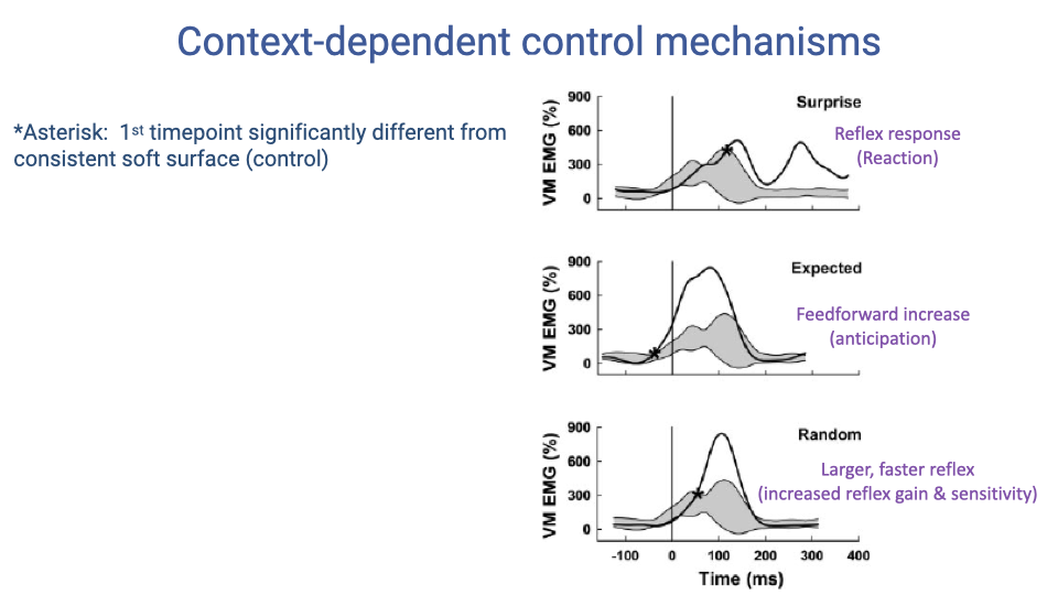 Slide titled "Context-dependent control mechanisms" showing vastus medialis (VM) EMG traces (% of maximum) versus time (ms) for three conditions. Top panel (Surprise): gray shaded area shows control soft-surface EMG; black line shows the surprise hard-surface response with a large, delayed reflex burst after time zero — labeled "Reflex response (Reaction)." An asterisk marks the first timepoint significantly different from control. Middle panel (Expected): the hard-surface response shows increased feedforward activation before contact (time zero) compared to control — labeled "Feedforward increase (anticipation)." Bottom panel (Random): the hard-surface response shows a larger and earlier reflex burst compared to the surprise condition — labeled "Larger, faster reflex (increased reflex gain & sensitivity)."