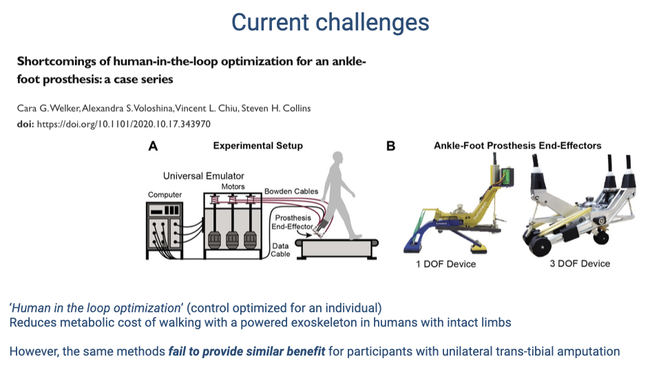 Slide titled "Current challenges" showing a paper by Welker et al.: "Shortcomings of human-in-the-loop optimization for an ankle-foot prosthesis: a case series." Left (Panel A) shows the experimental setup: a universal emulator connected via Bowden cables to prosthetic end-effectors, with a controller and data/cable connections. Right (Panel B) shows two ankle-foot prosthesis end-effector designs: a 1-DOF device and a 3-DOF device. Below states: "Human in the loop optimization" (control optimized for an individual) reduces metabolic cost of walking with a powered exoskeleton in humans with intact limbs. However, the same methods fail to provide similar benefit for participants with unilateral trans-tibial amputation.