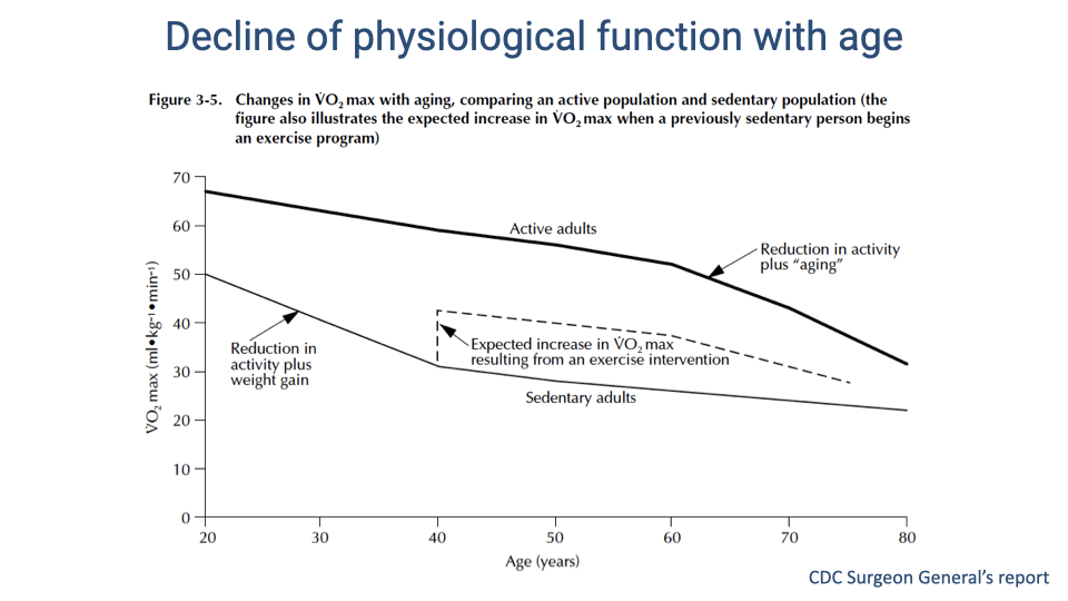 Graph titled "Decline of physiological function with age" showing VO₂ max (mL·kg⁻¹·min⁻¹) on the y-axis (0–70) vs. age (years, 20–80) on the x-axis. Two main curves are shown: "Active adults" starts at ~68 at age 20 and declines gradually to ~40 at age 80, with the slope increasing around age 60 (labeled "Reduction in activity plus aging"). "Sedentary adults" starts lower at ~48 and declines more steeply to ~22 by age 80 (labeled "Reduction in activity plus weight gain"). A dashed arrow from age ~40 on the sedentary curve shows the "Expected increase in VO₂ max resulting from an exercise intervention," jumping up to approximately the active adult level. Source: CDC Surgeon General's report.