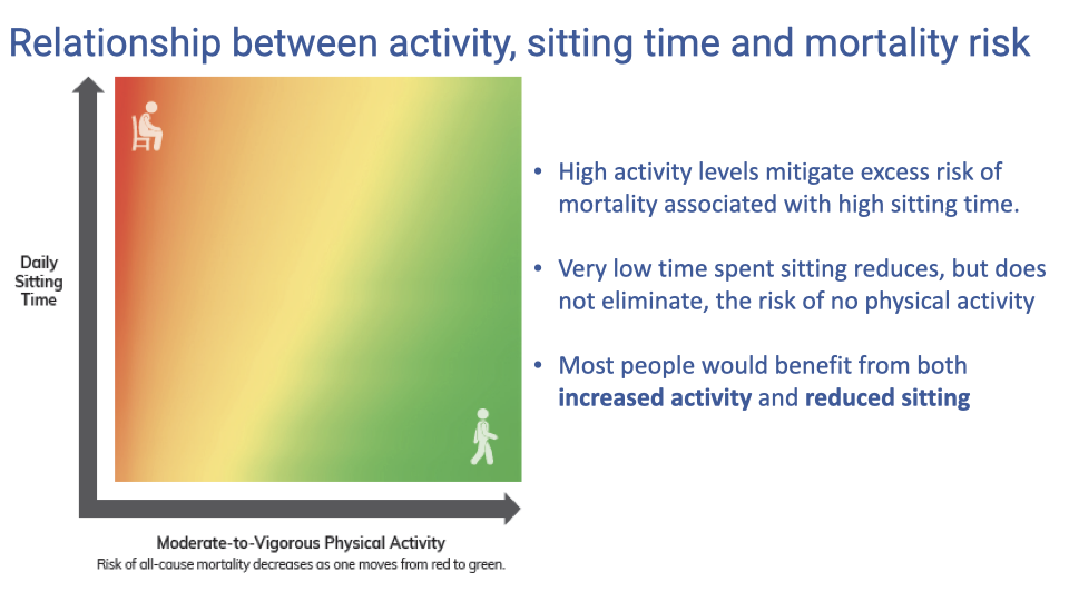 Slide titled "Relationship between activity, sitting time and mortality risk." A two-dimensional color-gradient diagram shows mortality risk as a function of moderate-to-vigorous physical activity (x-axis) and daily sitting time (y-axis). The lower-right corner (high activity, low sitting) is green (lowest risk). The upper-left corner (low activity, high sitting) is red (highest risk). Bullet points: high activity levels mitigate excess risk of mortality associated with high sitting time; very low time spent sitting reduces, but does not eliminate, the risk of no physical activity; most people would benefit from both increased activity and reduced sitting.