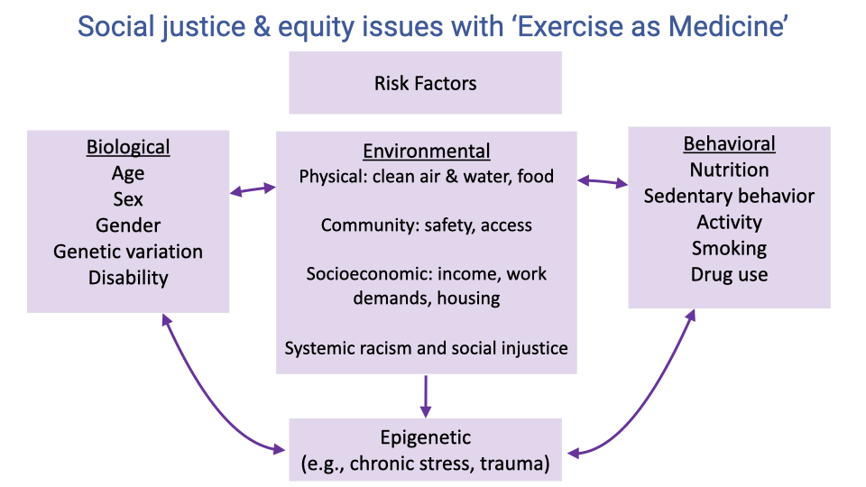 Diagram titled "Social justice & equity issues with 'Exercise as Medicine'" showing a framework of risk factors. Center: Environmental factors — physical (clean air, water, food), community (safety, access), socioeconomic (income, work demands, housing), and systemic racism and social injustice. Left: Biological factors — age, sex, gender, genetic variation, disability. Right: Behavioral factors — nutrition, sedentary behavior, activity, smoking, drug use. Bottom: Epigenetic factors (e.g., chronic stress, trauma). Arrows show bidirectional interactions among all four categories.