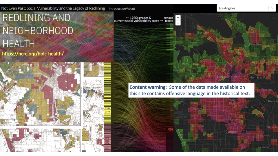 Screenshot of the "Redlining and Neighborhood Health" data visualization website showing an interactive map with color-coded neighborhoods overlaid with redlining zones and social vulnerability scores. Content warning noted regarding historically offensive language in the original documents.