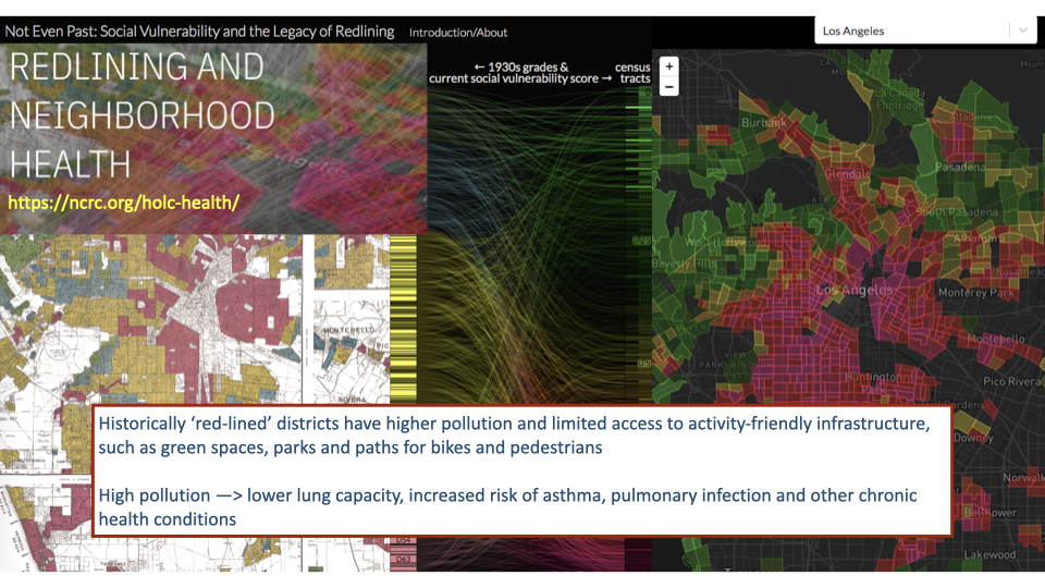 Screenshot showing redlining data visualization with text noting that historically "red-lined" districts have higher pollution and limited access to activity-friendly infrastructure such as green spaces, parks, and paths for bikes and pedestrians. High pollution leads to lower lung capacity, increased risk of asthma, pulmonary infection, and other chronic diseases.